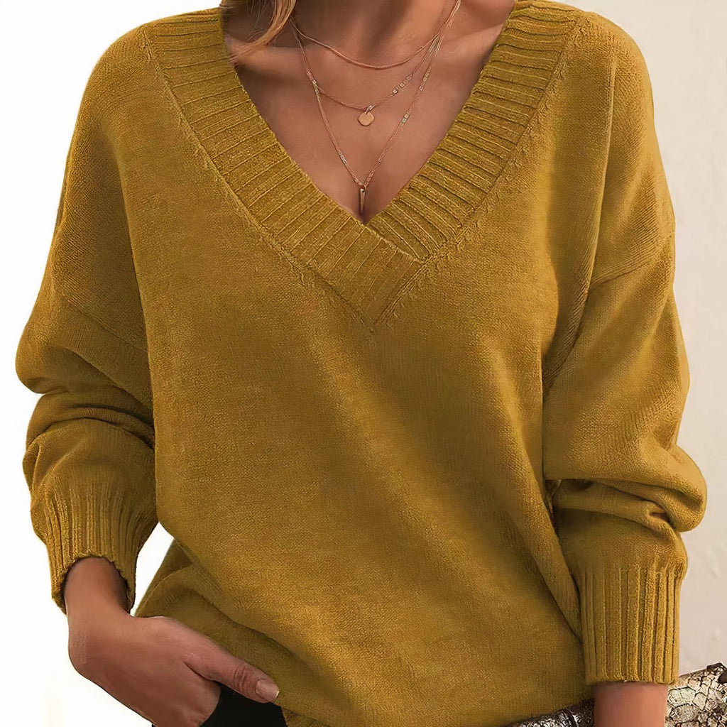 Women's V-Neck Long Sleeve Cashmere Blend Knit Sweater - Gold