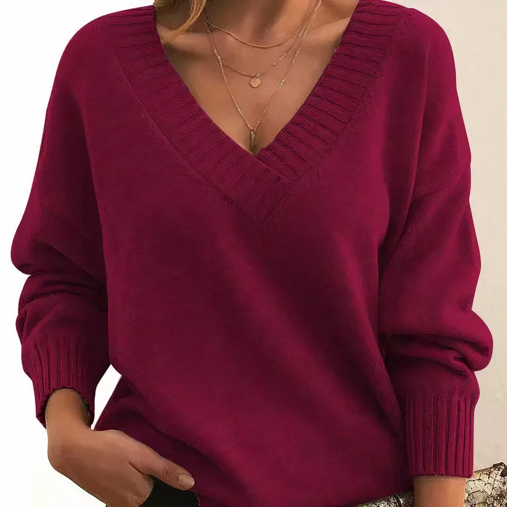 Women's V-Neck Long Sleeve Cashmere Blend Knit Sweater - Red