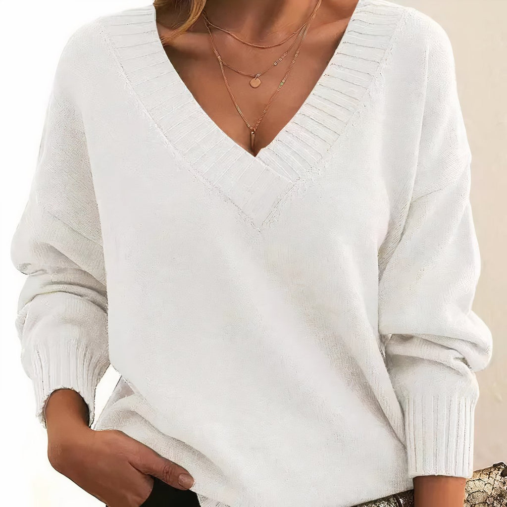 Women's V-Neck Long Sleeve Cashmere Blend Knit Sweater - White
