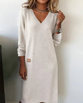 Women's V-Neck Long Sleeve Midi Formal Dresses Sweater Shift - White