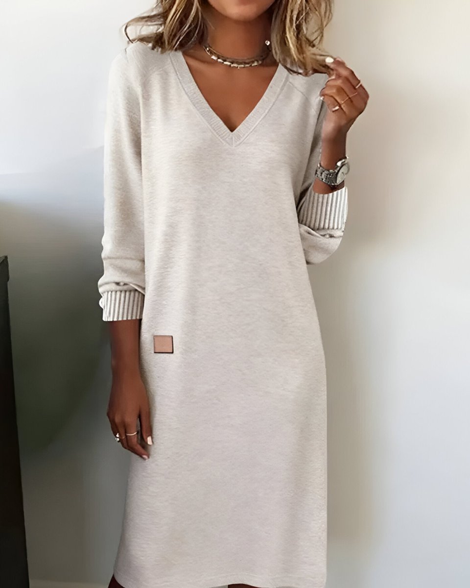 Women's V-Neck Long Sleeve Midi Formal Dresses Sweater Shift - White