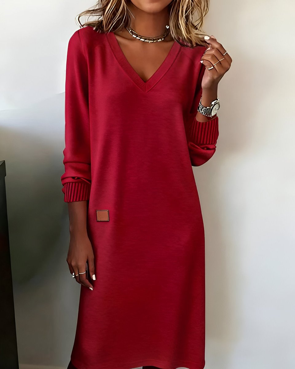 Women's V-Neck Long Sleeve Midi Formal Dresses Sweater Shift - Red