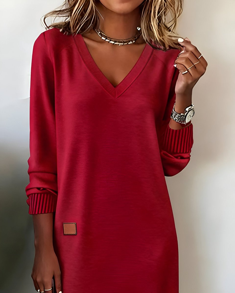 Women's V-Neck Long Sleeve Midi Formal Dresses Sweater Shift