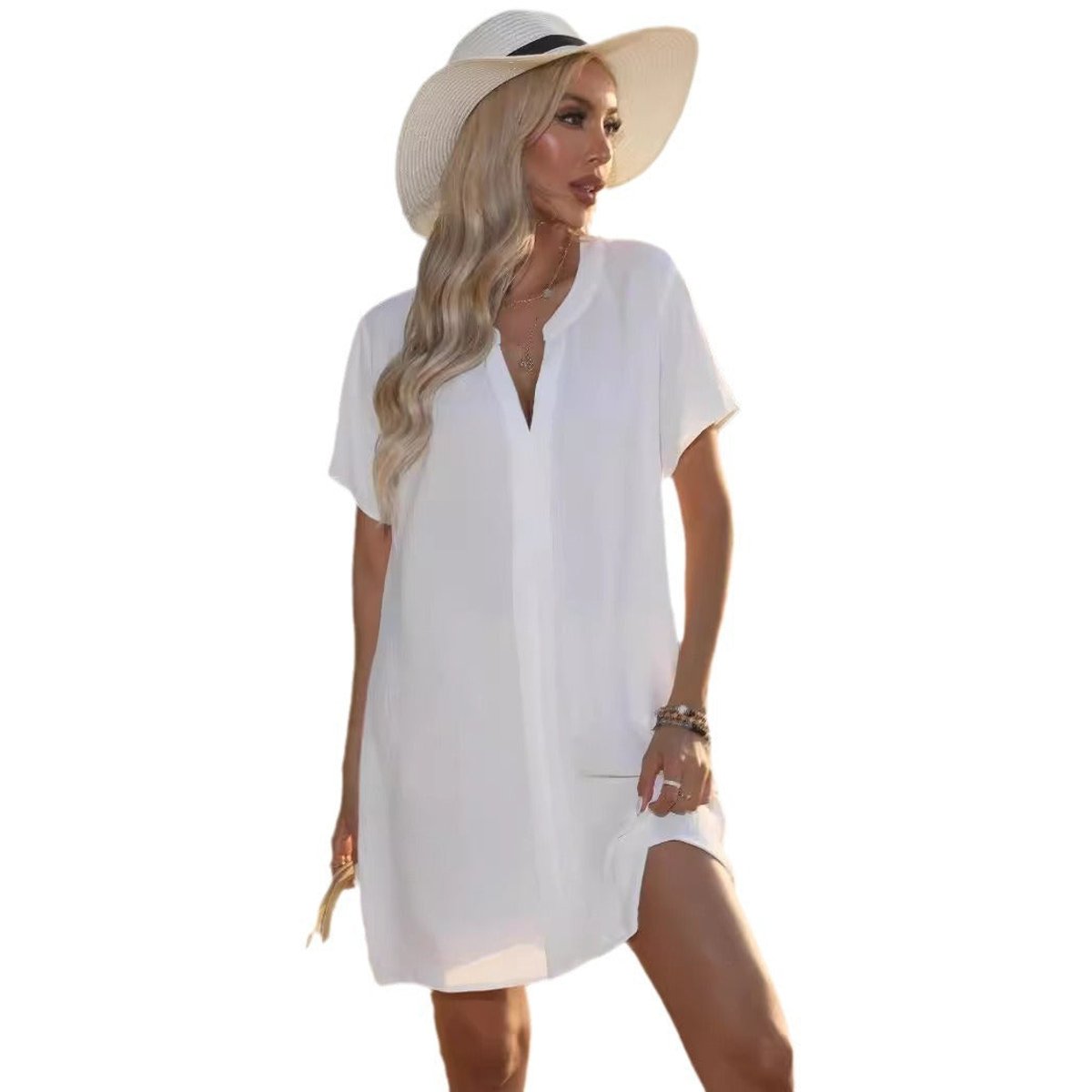 Women's V-Neck Short-Sleeve Relaxed-Fit Tunic Dress
