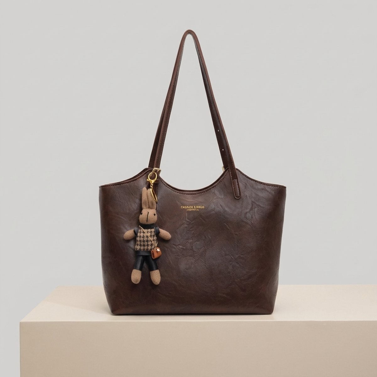 Women's Vegan Leather Shoulder Tote Bag Plush Bunny Charm