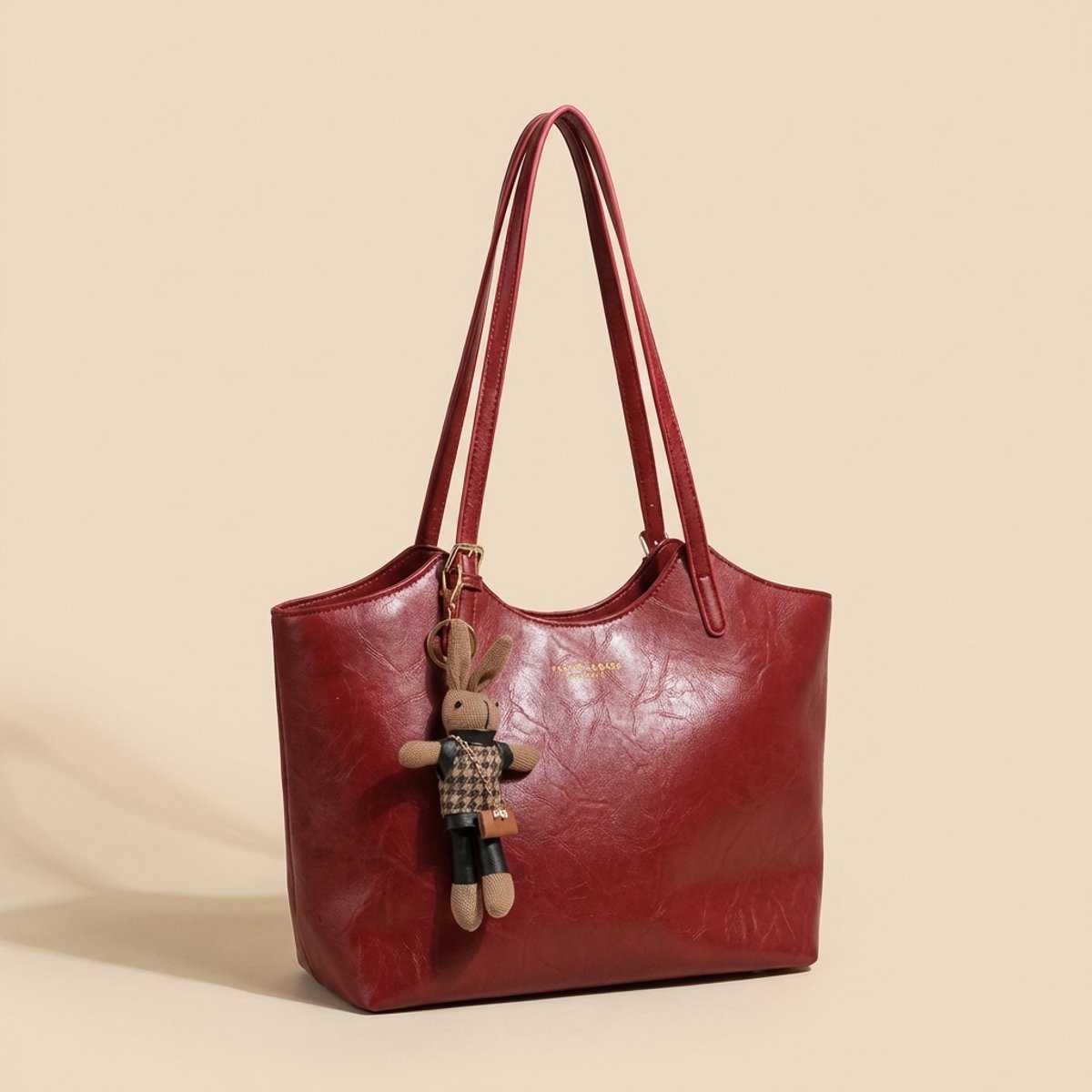 Women's Vegan Leather Shoulder Tote Bag Plush Bunny Charm