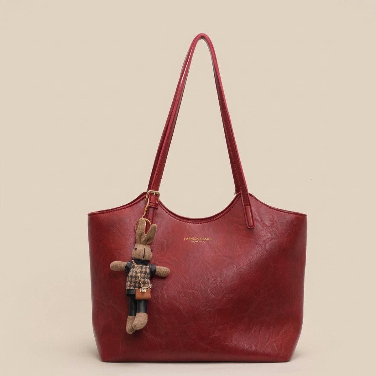 Women's Vegan Leather Shoulder Tote Bag Plush Bunny Charm - Red