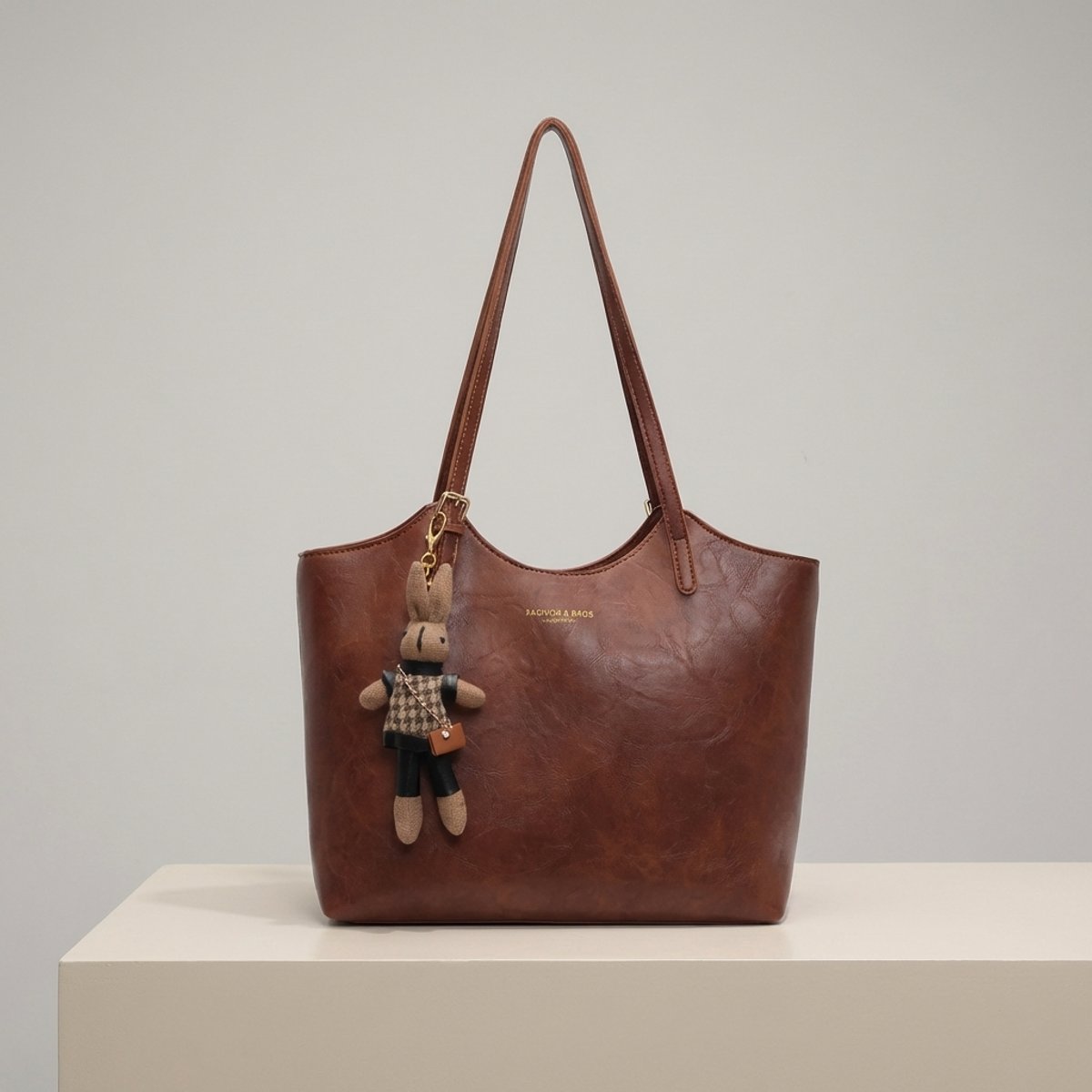 Women's Vegan Leather Shoulder Tote Bag Plush Bunny Charm - Brown
