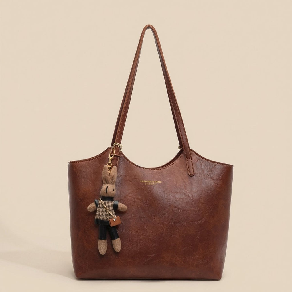 Women's Vegan Leather Shoulder Tote Bag Plush Bunny Charm