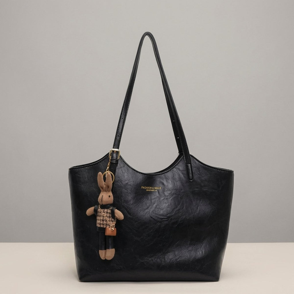 Women's Vegan Leather Shoulder Tote Bag Plush Bunny Charm