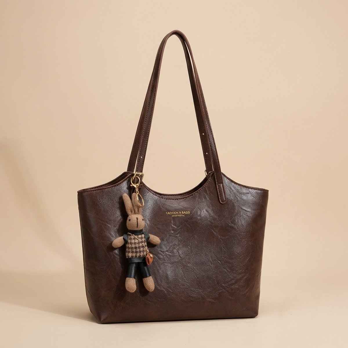 Women's Vegan Leather Shoulder Tote Bag Plush Bunny Charm