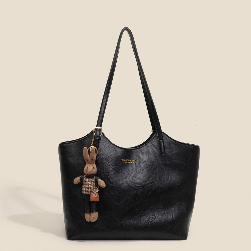 Women's Vegan Leather Shoulder Tote Bag Plush Bunny Charm