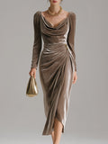 Women's Velvet Cowl-Neck Ruched Midi Formal Dresses Long Sleeve - Brown