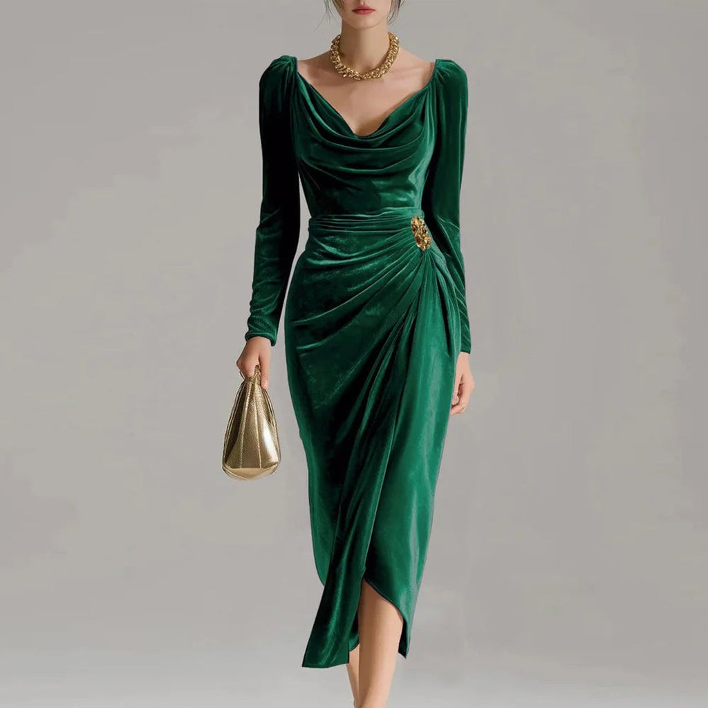 Women's Velvet Cowl-Neck Ruched Midi Formal Dresses Long Sleeve - Green