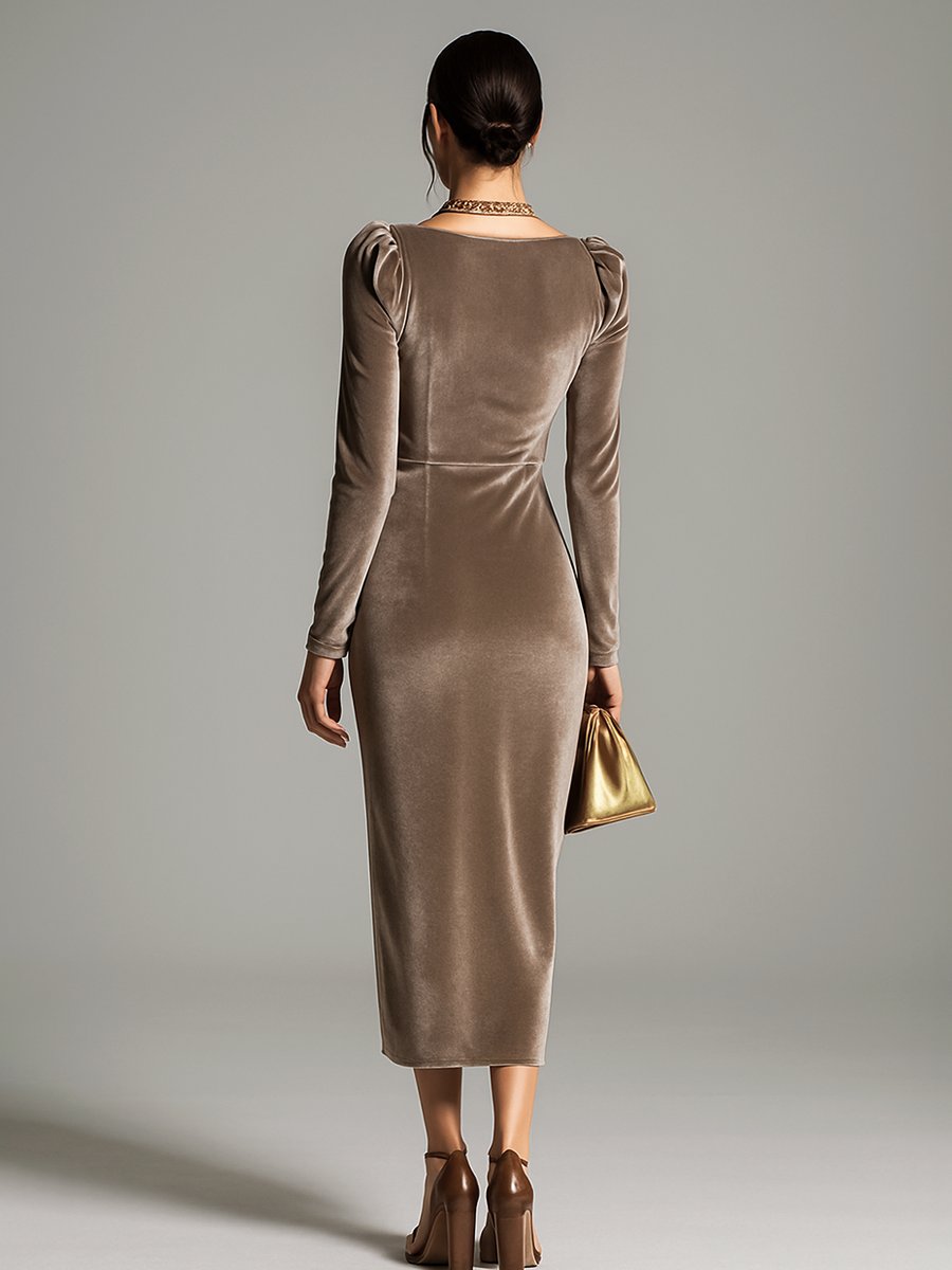 Women's Velvet Cowl-Neck Ruched Midi Formal Dresses Long Sleeve