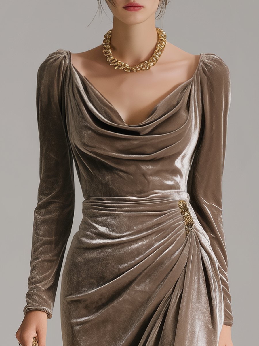 Women's Velvet Cowl-Neck Ruched Midi Formal Dresses Long Sleeve