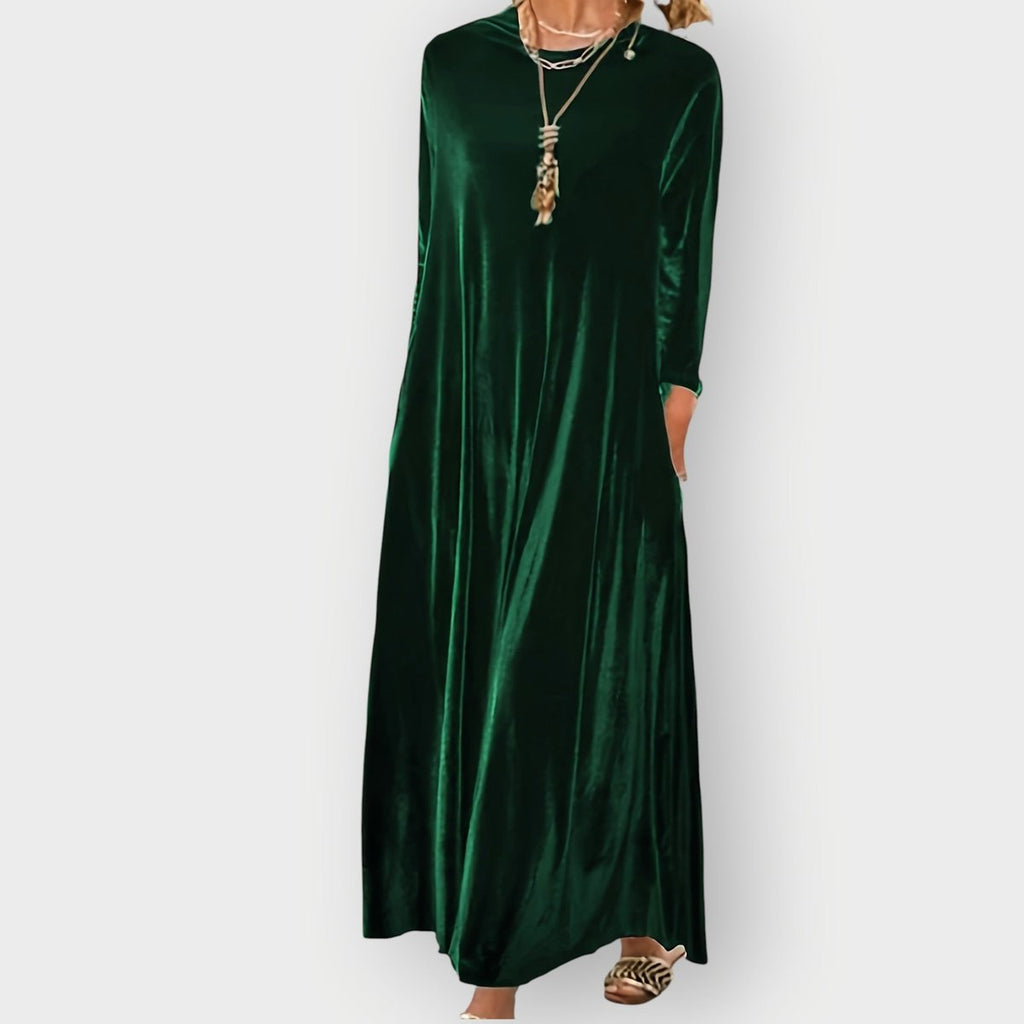 Women's Velvet Long-Sleeve Flowing Maxi Formal Dresses - Dark Green