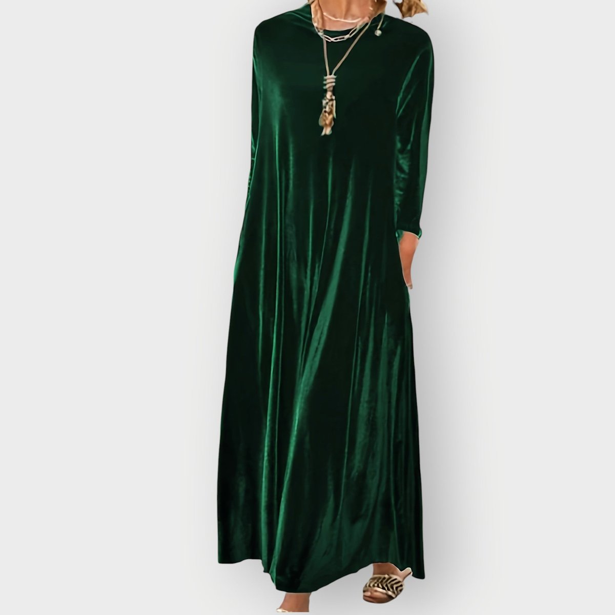 Women's Velvet Long-Sleeve Flowing Maxi Formal Dresses - Dark Green