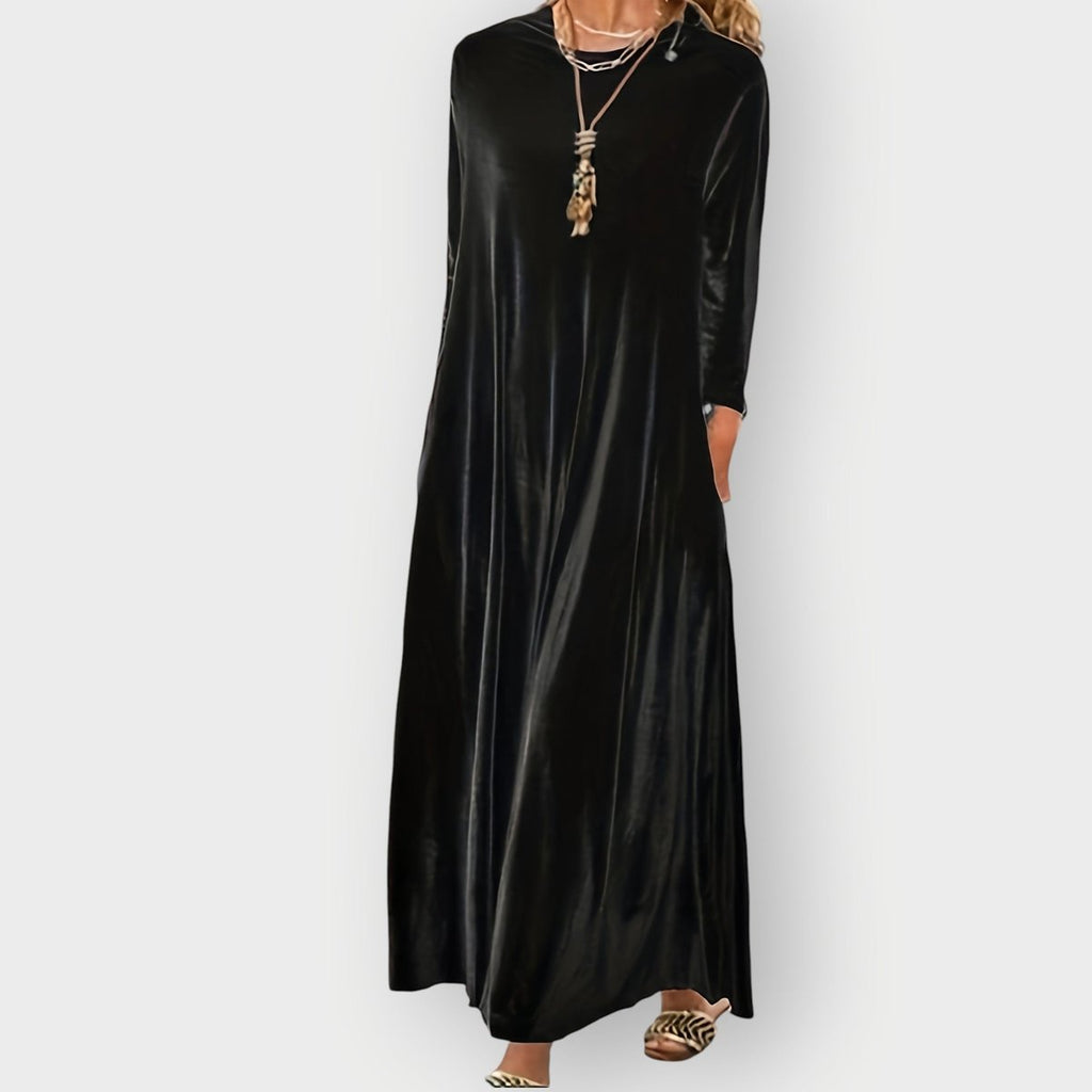 Women's Velvet Long-Sleeve Flowing Maxi Formal Dresses - Black