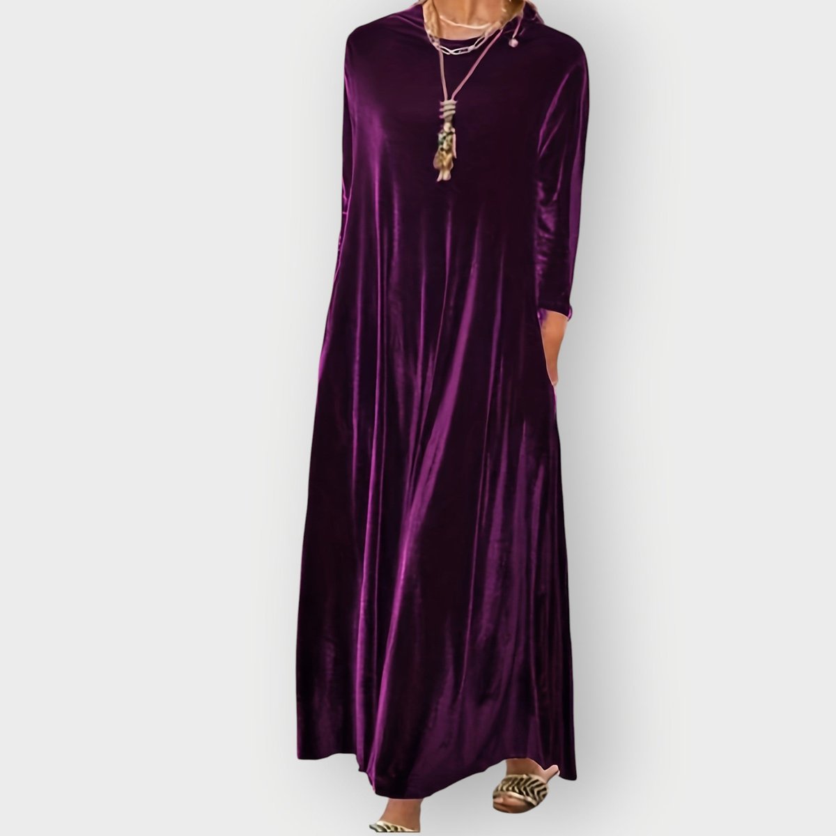 Women's Velvet Long-Sleeve Flowing Maxi Formal Dresses - Purple