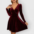 Women's Velvet Long-Sleeve V-Neck Skater Formal Dresses - Red