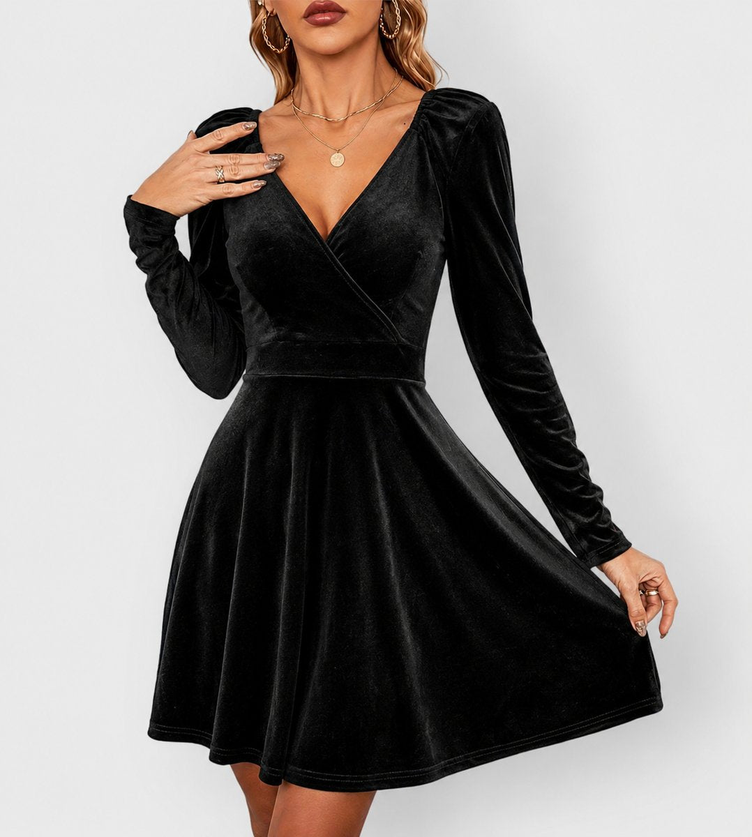 Women's Velvet Long-Sleeve V-Neck Skater Formal Dresses - Black