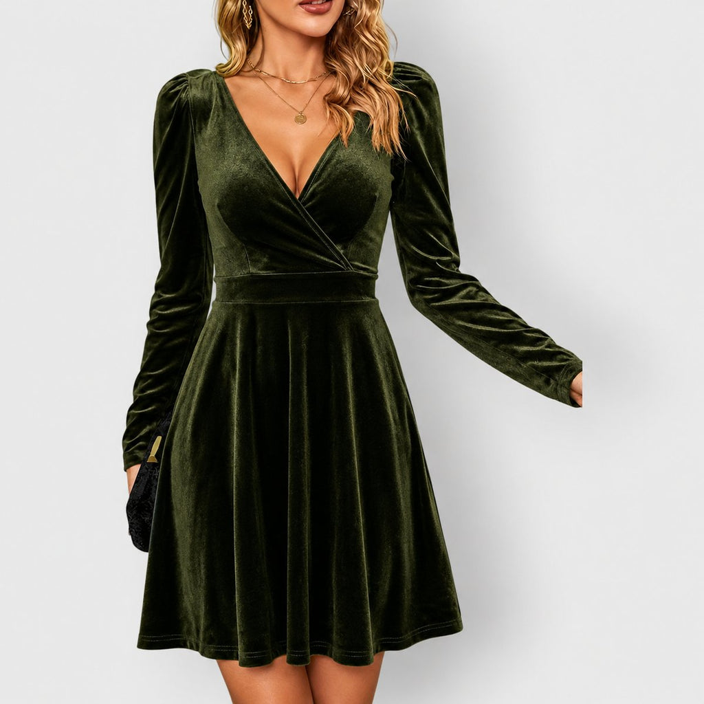 Women's Velvet Long-Sleeve V-Neck Skater Formal Dresses