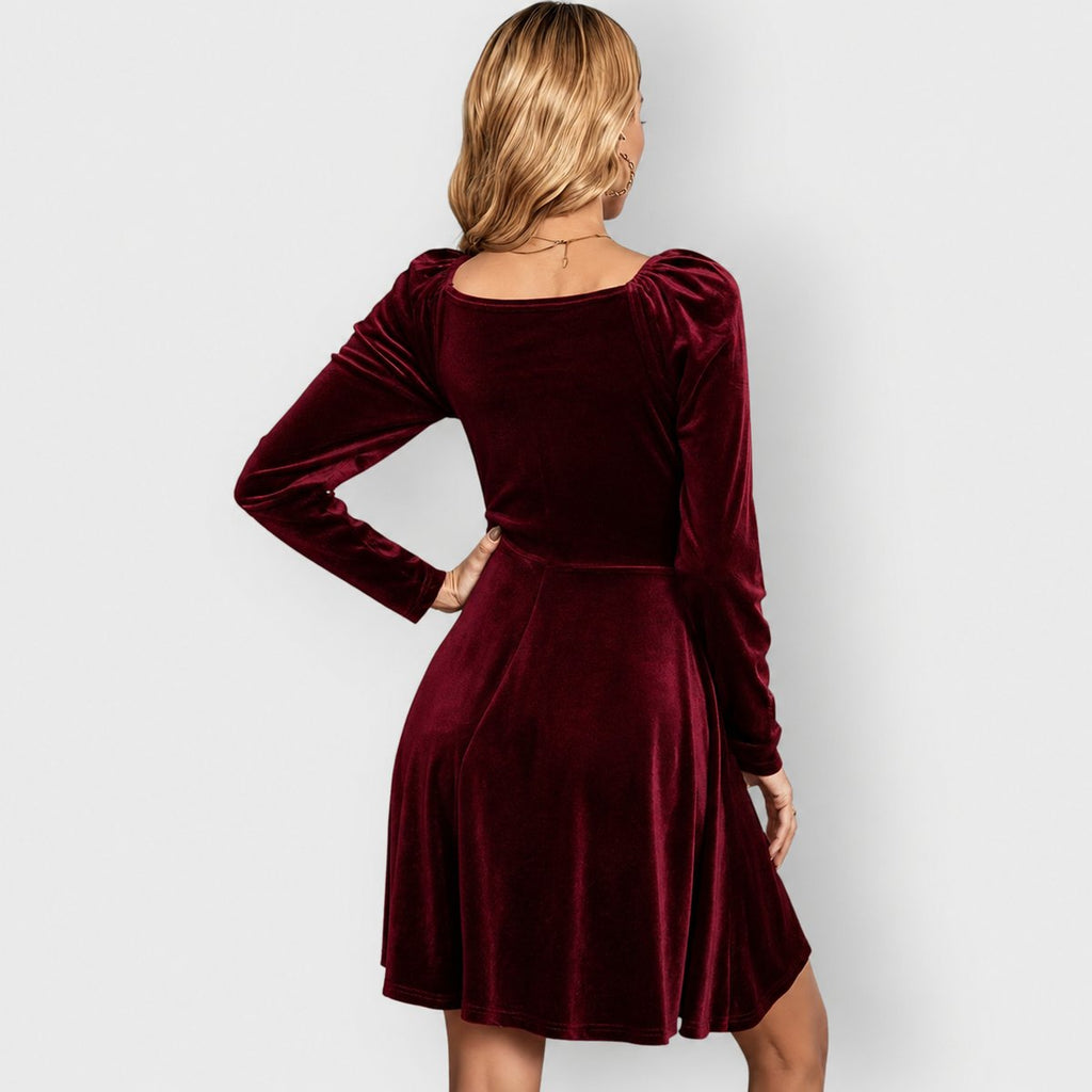 Women's Velvet Long-Sleeve V-Neck Skater Formal Dresses
