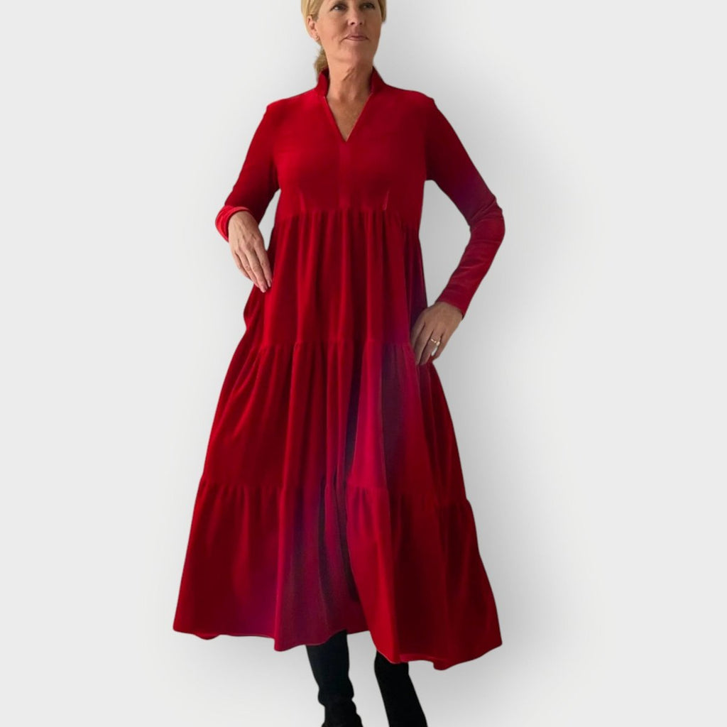 Women's Velvet Tiered Maxi Formal Dresses Long Sleeve V-Neck - Red