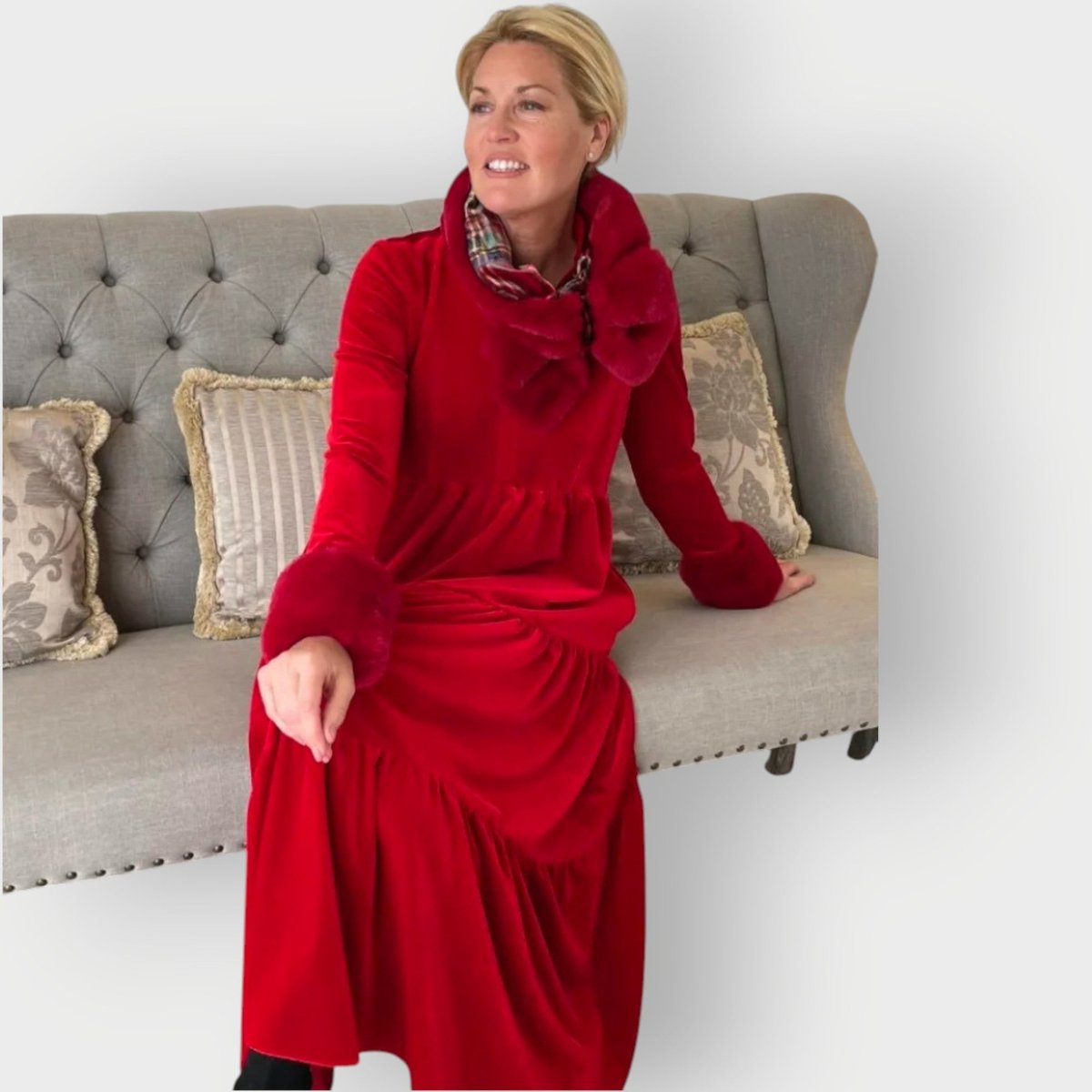 Women's Velvet Tiered Maxi Formal Dresses Long Sleeve V-Neck