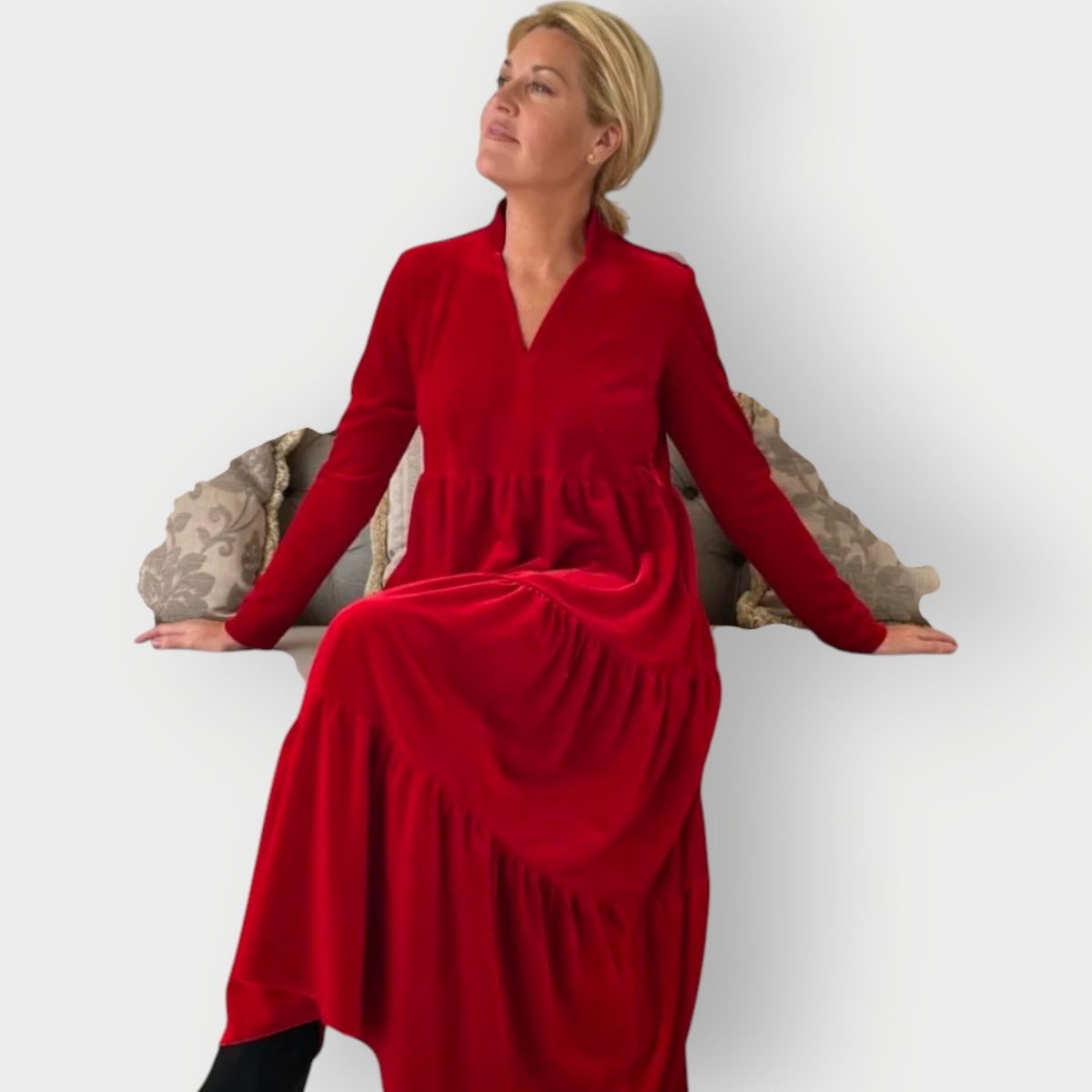 Women's Velvet Tiered Maxi Formal Dresses Long Sleeve V-Neck