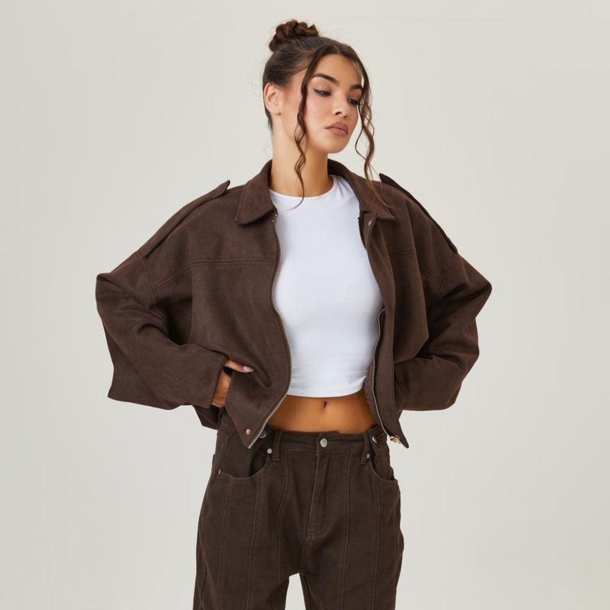 Women's Vintage-Inspired Faux Suede Oversized Bomber Jacket - Brown