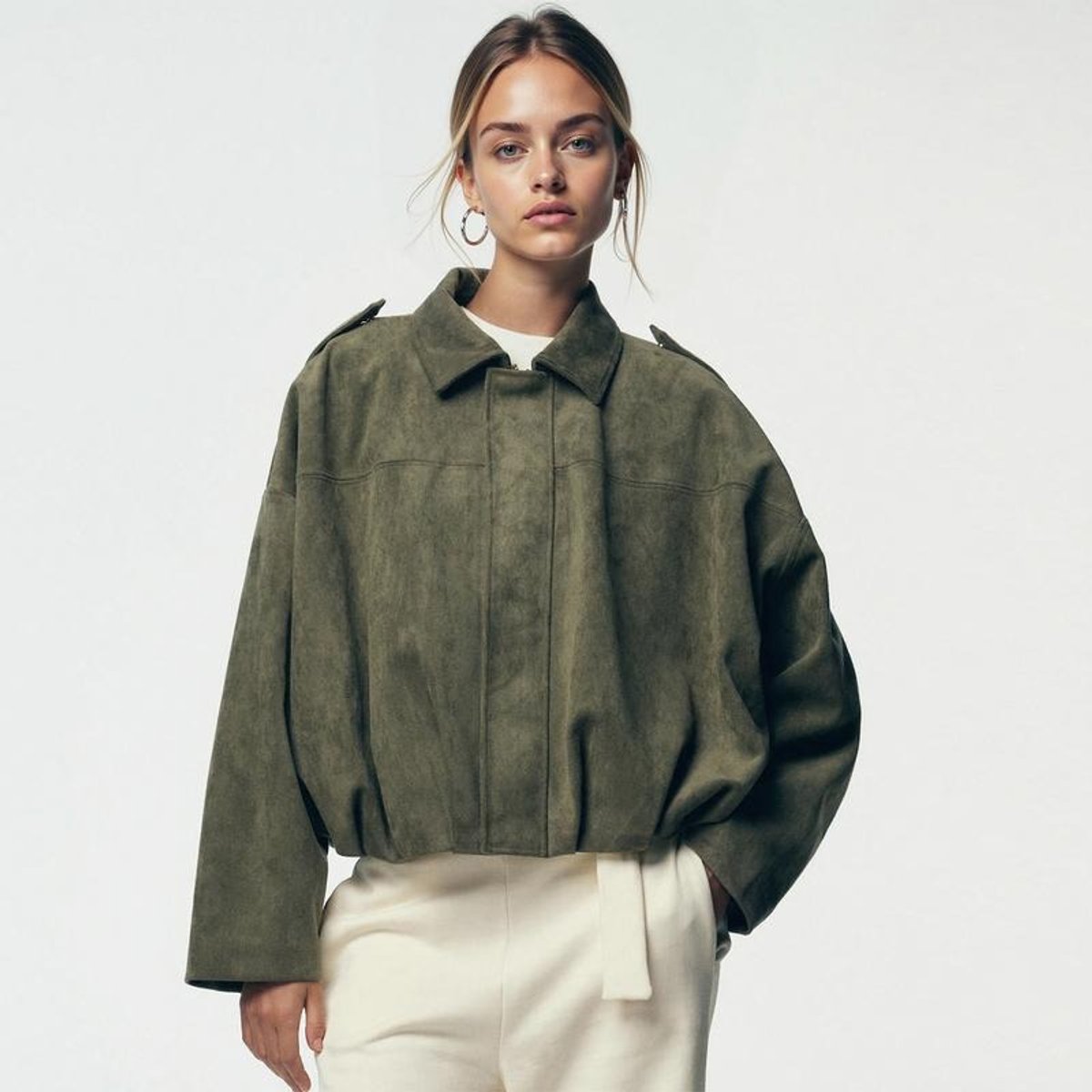 Women's Vintage-Inspired Faux Suede Oversized Bomber Jacket - Olive