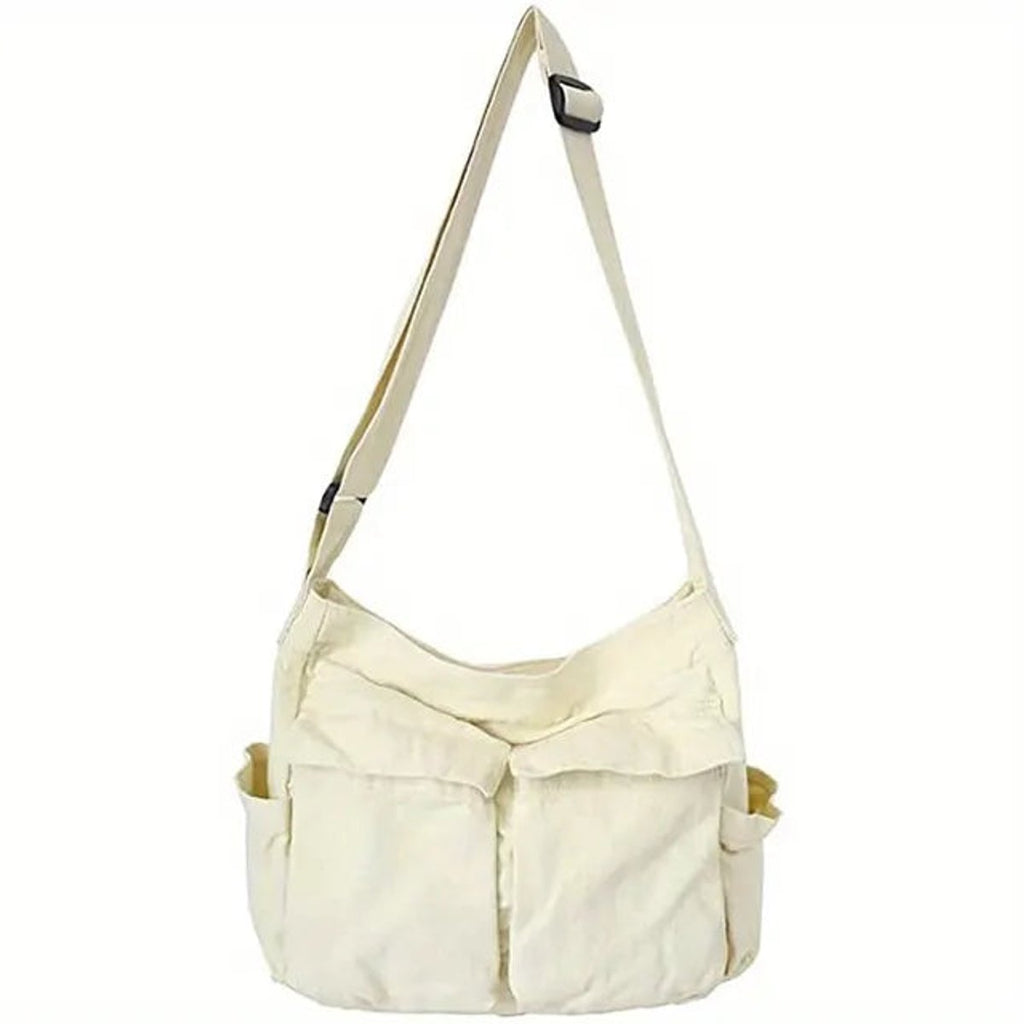Women's Vintage Multi-Pocket Canvas Tote Bag Crossbody Shoulder Bag - White