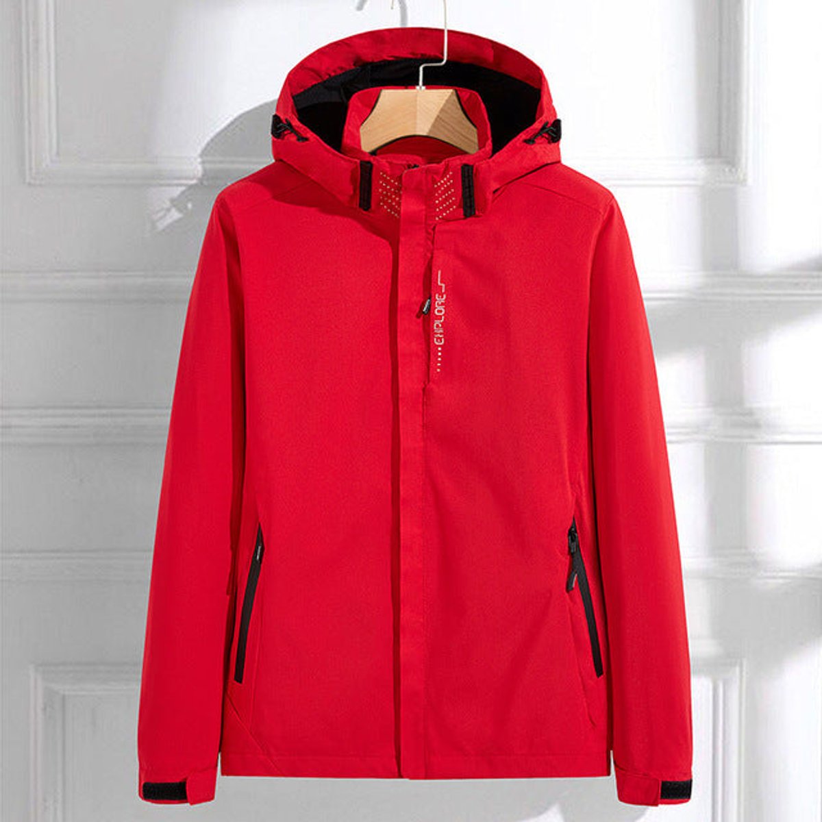 Women's Waterproof Hooded Rain Jacket Adjustable-Fit Windproof - Red