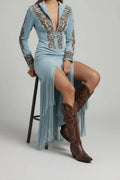 Women's Western Fringe Long-Sleeve Embroidered Evening Gown Maxi Dress - Blue