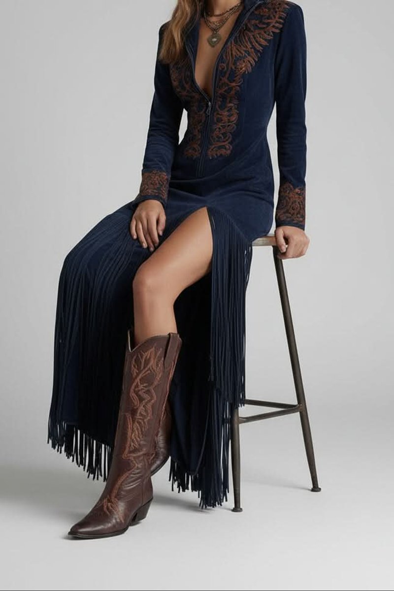 Women's Western Fringe Long-Sleeve Embroidered Evening Gown Maxi Dress
