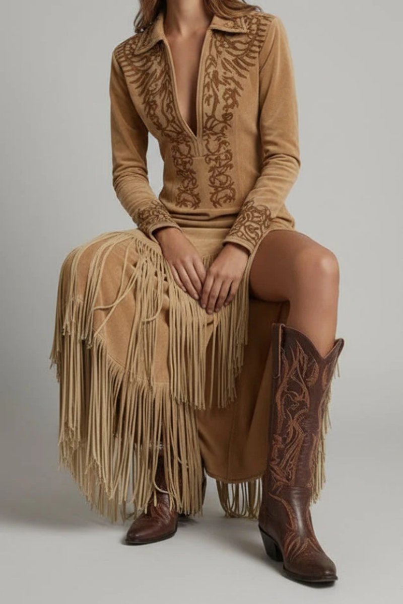 Women's Western Fringe Long-Sleeve Embroidered Evening Gown Maxi Dress - Light Brown
