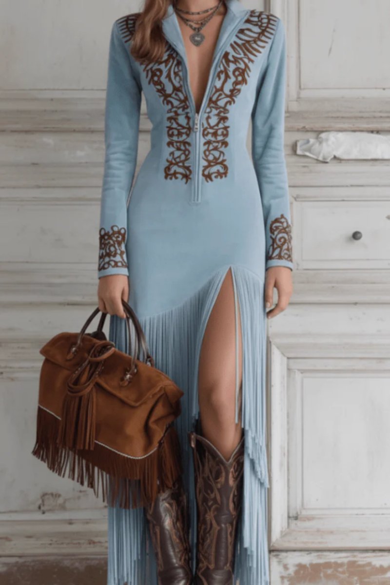 Women's Western Fringe Long-Sleeve Embroidered Evening Gown Maxi Dress
