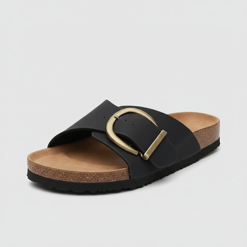 Women's Wide-Strap Buckle Slip-On Comfortable Sandals - Midnight Black