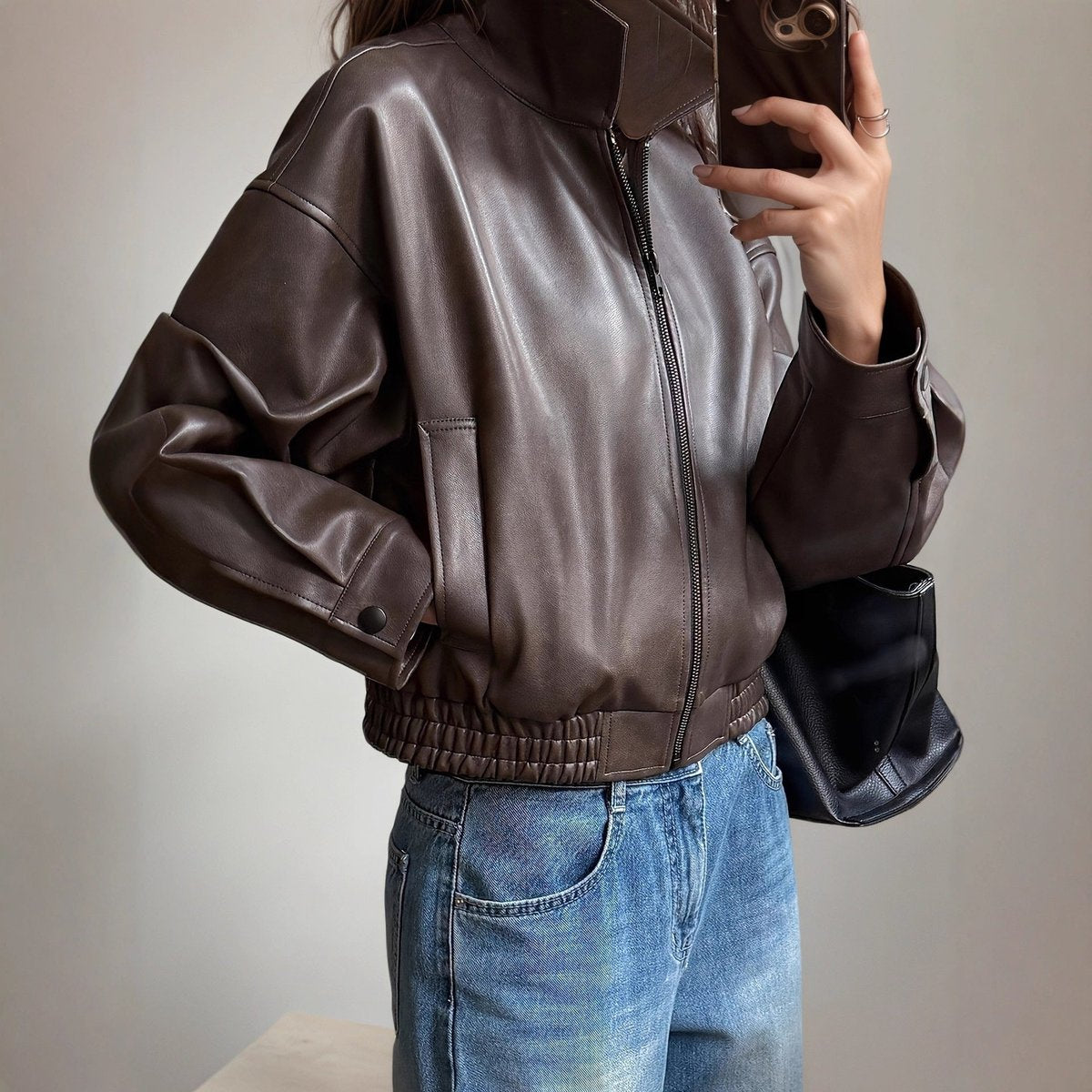 Women's Zip-Up Faux Leather Bomber Jacket Elastic Waistband
