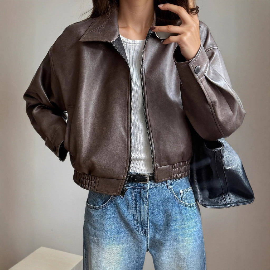Women's Zip-Up Faux Leather Bomber Jacket Elastic Waistband - Dark Brown