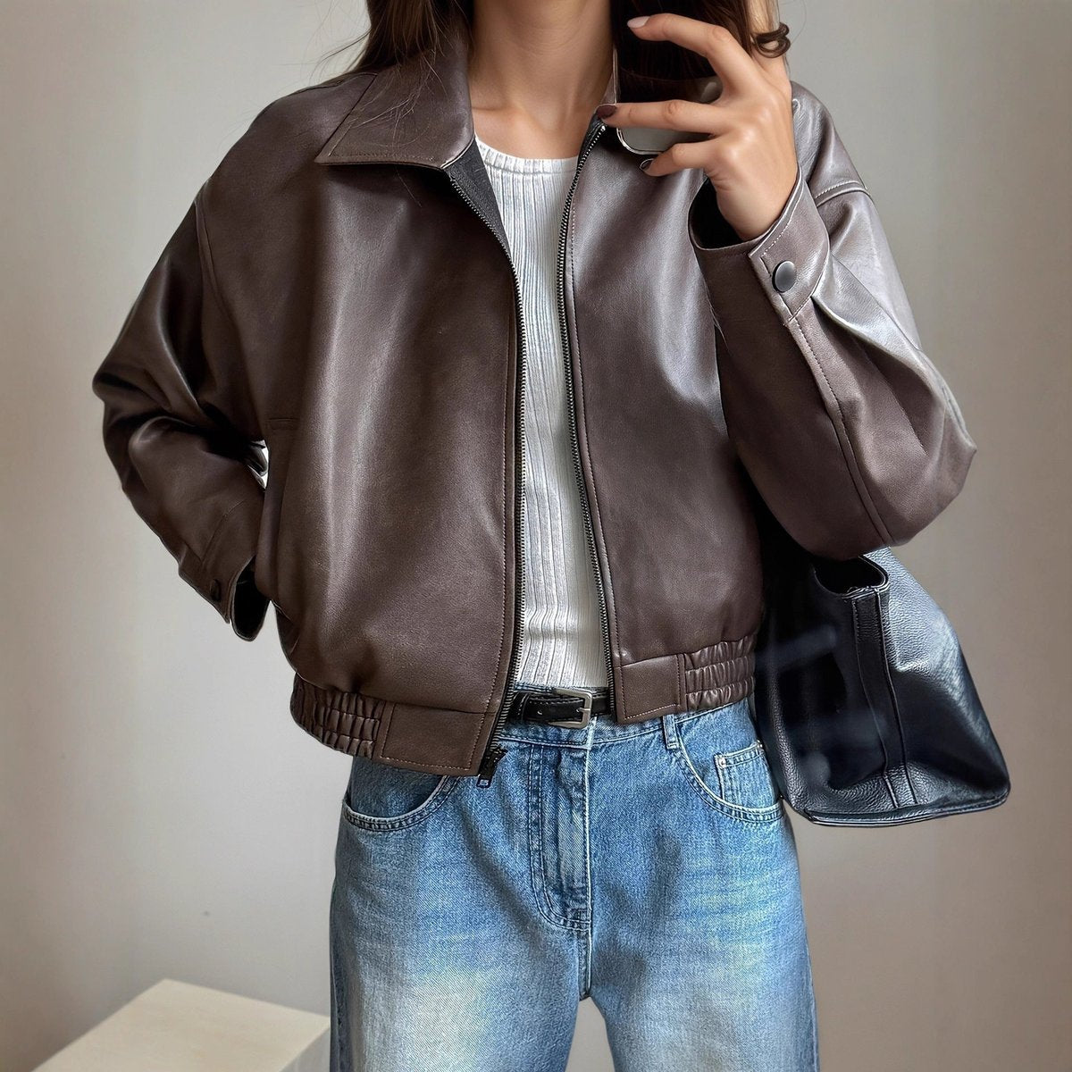 Women's Zip-Up Faux Leather Bomber Jacket Elastic Waistband - Dark Brown